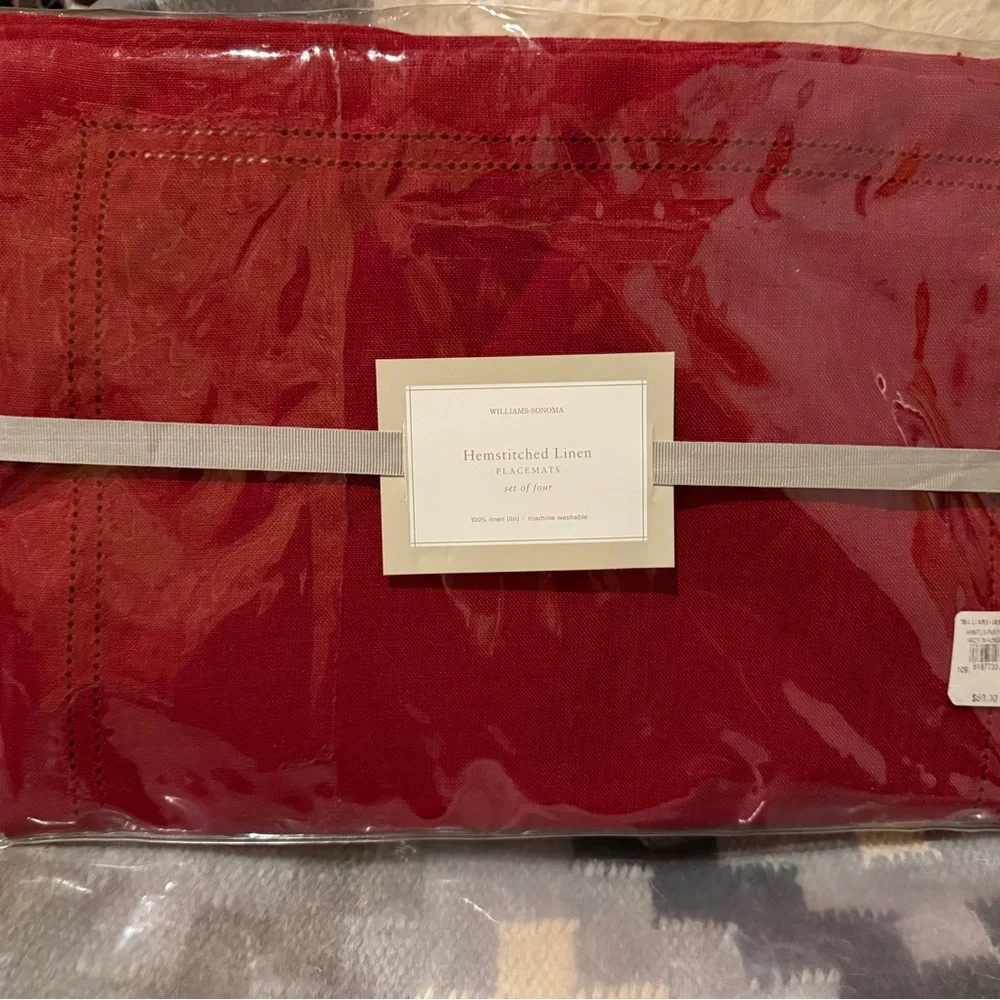 New Williams Sonoma Linen Double Hemstitch Placemats, S/4, Red 14 X 20”